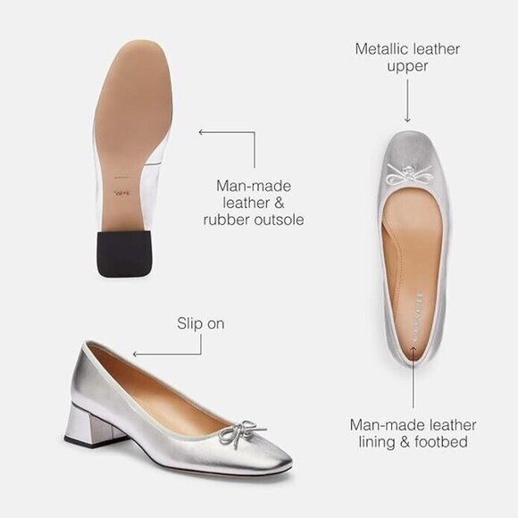 Coach Women Metallic Silver Bow Accent Block Heel Pull-On Ava Ballet Pump Shoes - Picture 3 of 4